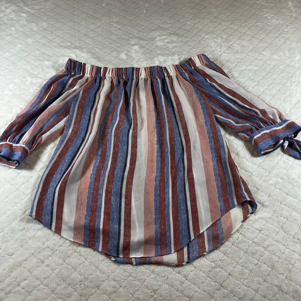 By & By  Women Sz XS Off The Shoulder Tie 3/4-Sleeve Stripes Blouse Multicolor